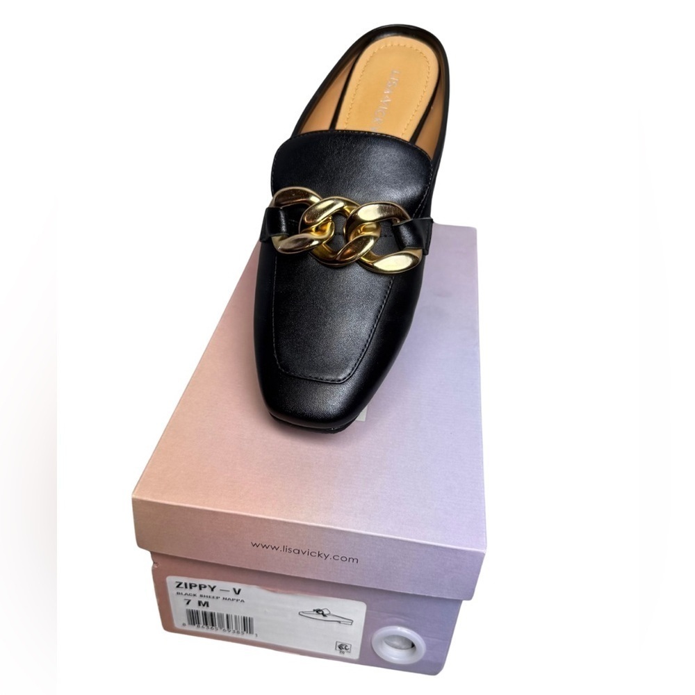 Lisa Vicky Women’s Nappa Loafer Mule Chain-Link Detail Zippy-V Black Sheep 7M
